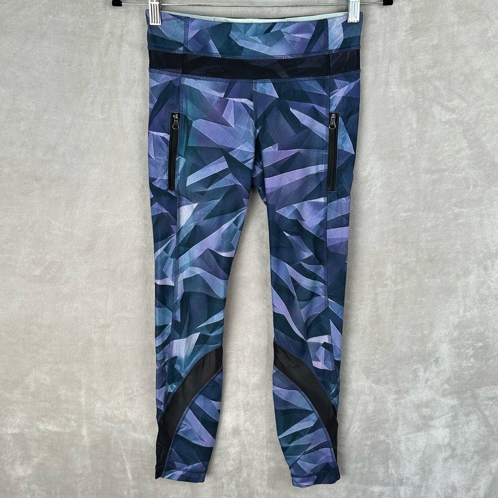 Lululemon Inspire Leggings Womens 4 Blue Pretty Prism Mesh Crop Pockets Workout